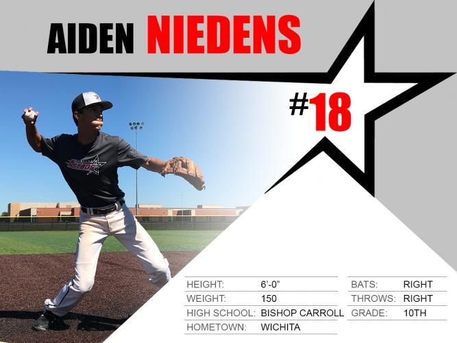 Baseball player Aiden Niedens in batting stance, jersey #18, with stats panel on gray background