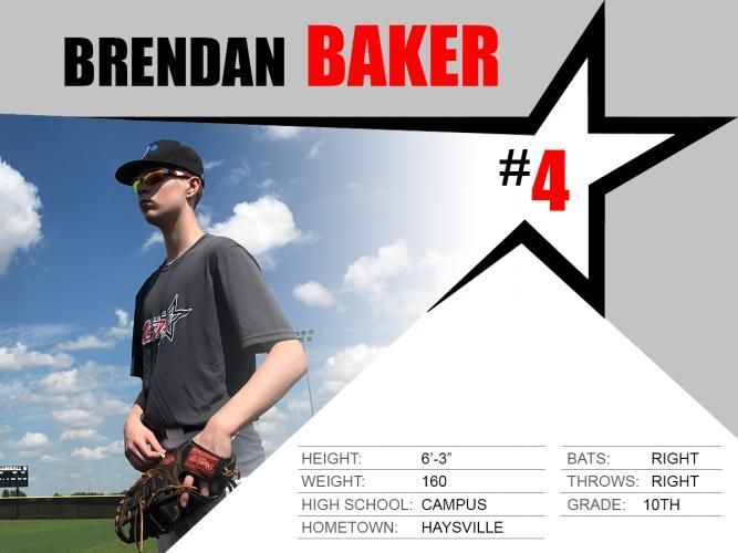 Baseball player Brendan Baker in gray uniform, #4, standing outdoors under a blue sky.
