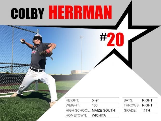 Baseball player Colby Herrman pitching in white and black uniform, #20 displayed.