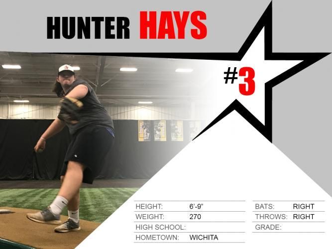 Softball player Hunter Hays pitching, with name, jersey number 3, and stats on a black-and-white graphic.
