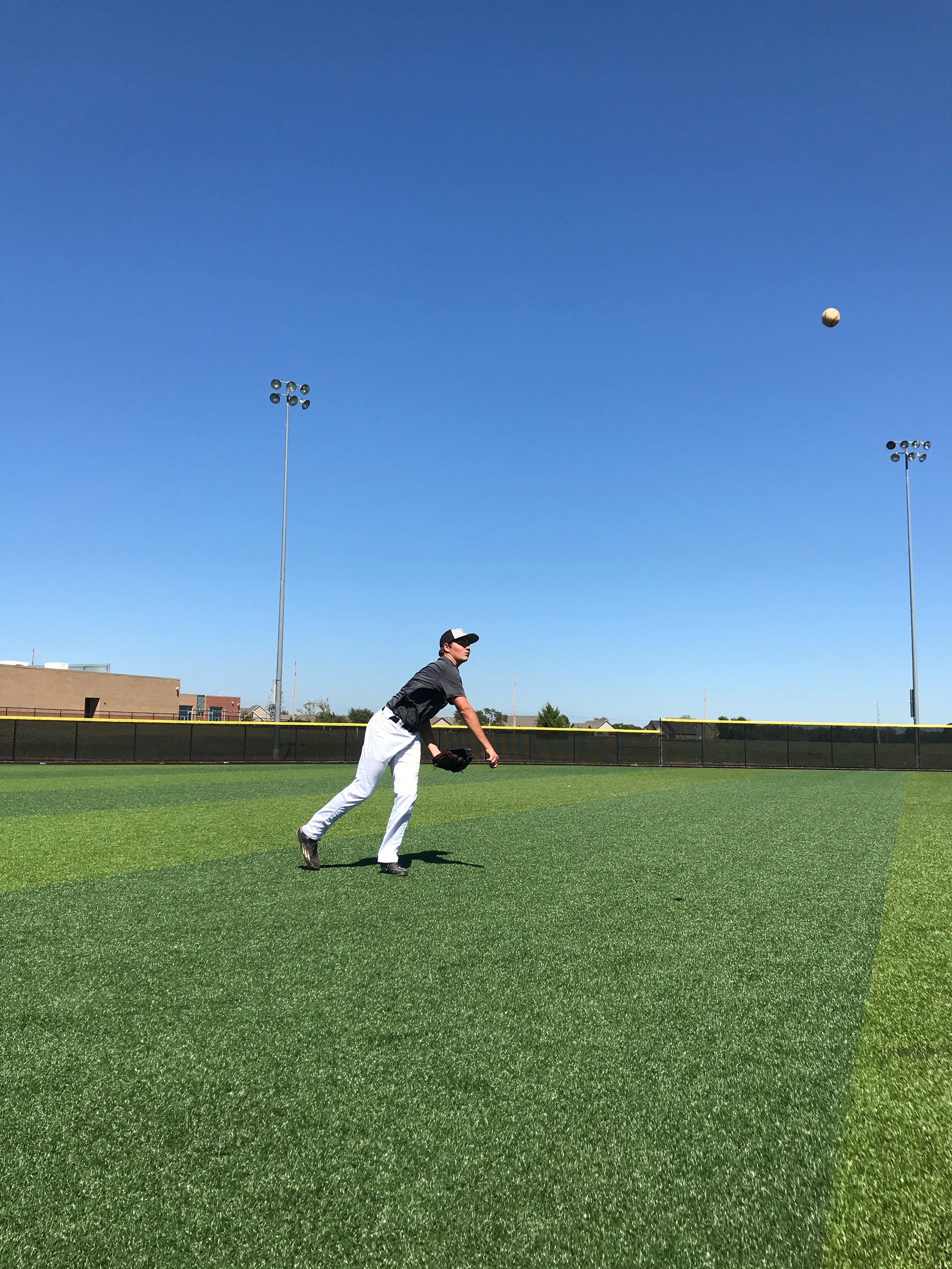 Baseball player in white pants fielding a fly ball on a sunny green field under a blue sky