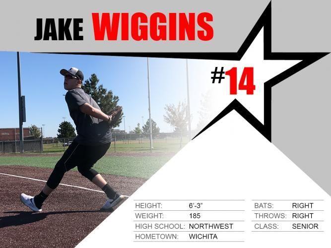 Baseball player Jake Wiggins pitching on a field, with #14 and name banner.
