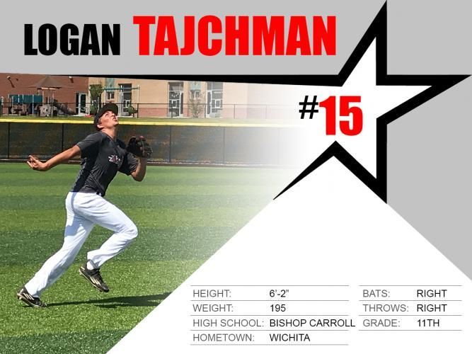 Baseball player Logan Tajchman, #15, running on a green field with a white star graphic and stats text.