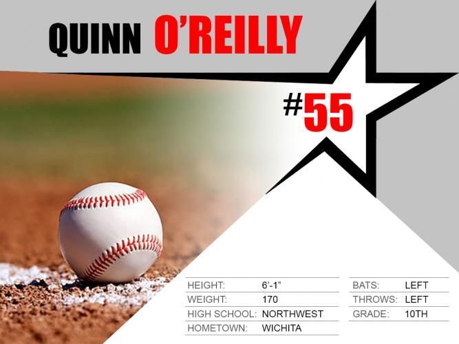 Baseball player card for Quinn O’Reilly, #55, with baseball on infield dirt and white star design.