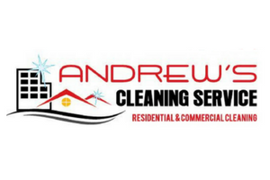 Andrew’s Cleaning Service logo with black building icon, red and black text, and residential commercial cleaning tagline