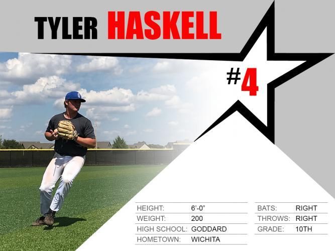 Tyler Haskell baseball player card, #4, holding a bat on a field with stats and school info.