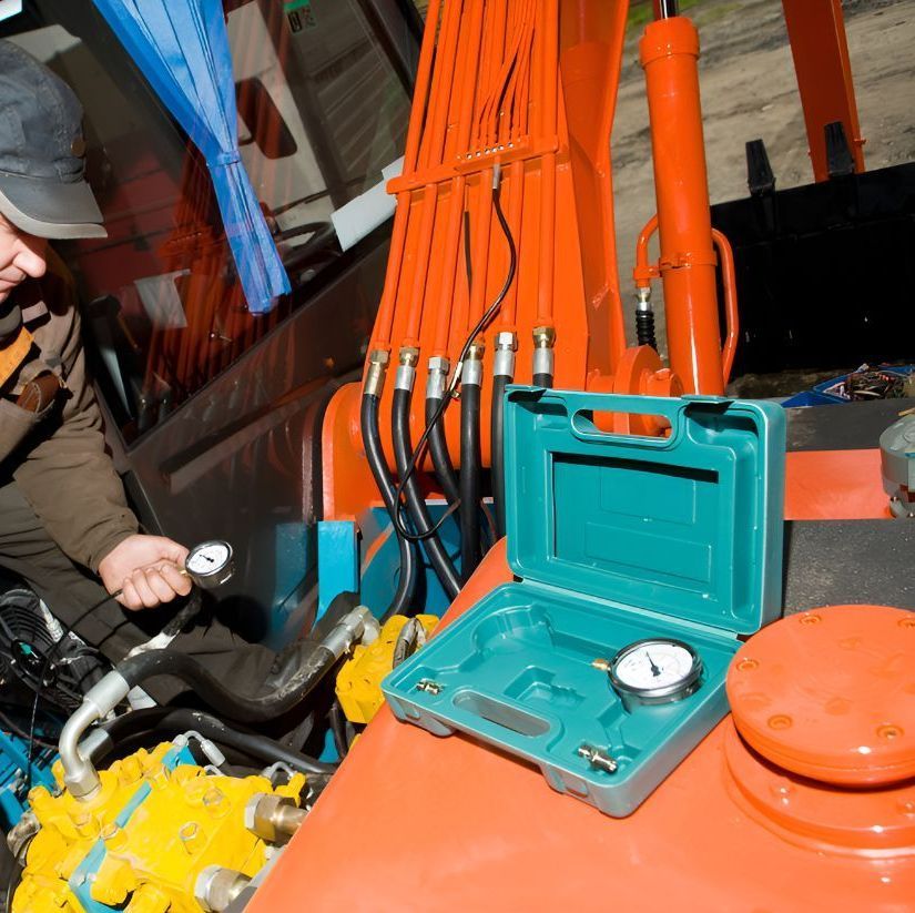 Man is Working on a Machine With Pressure Gauge in a Case — North Coast Construction Equipment In Coffs Harbour, NSW