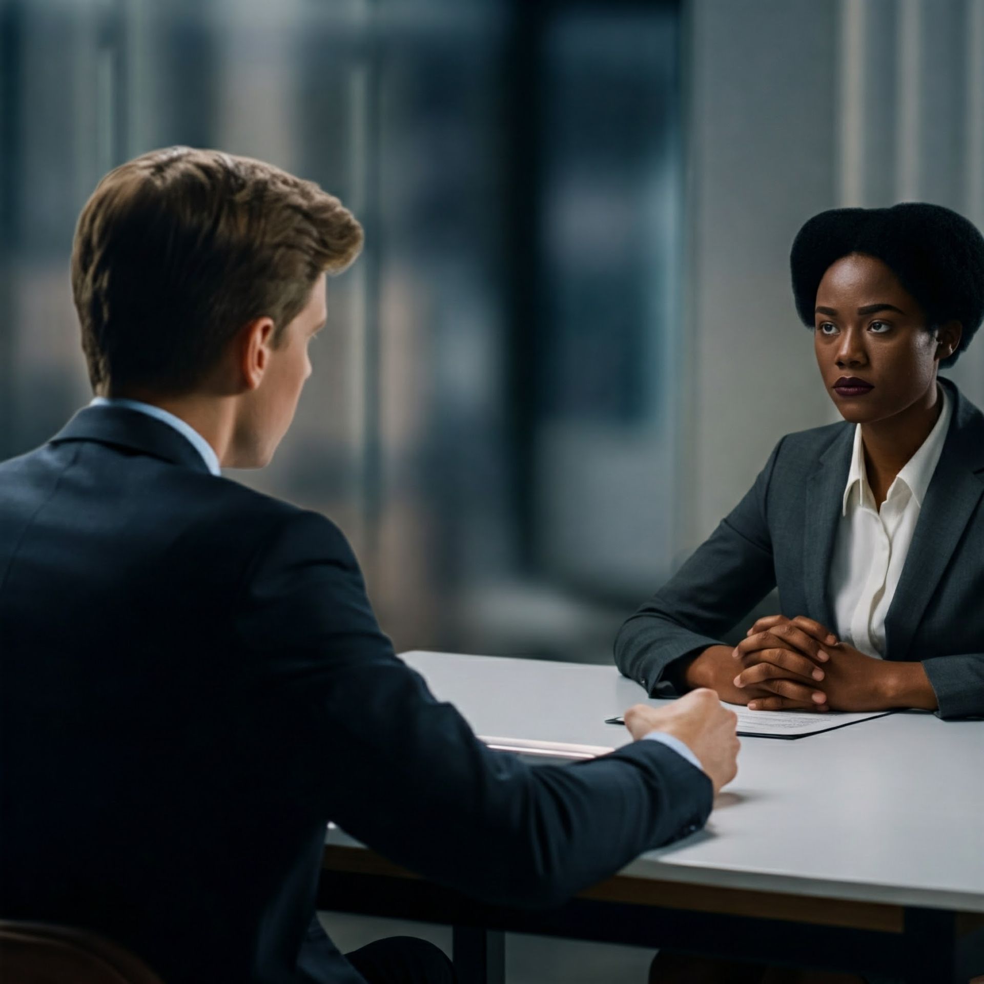 A man and a woman are sitting at a table having a conversation.