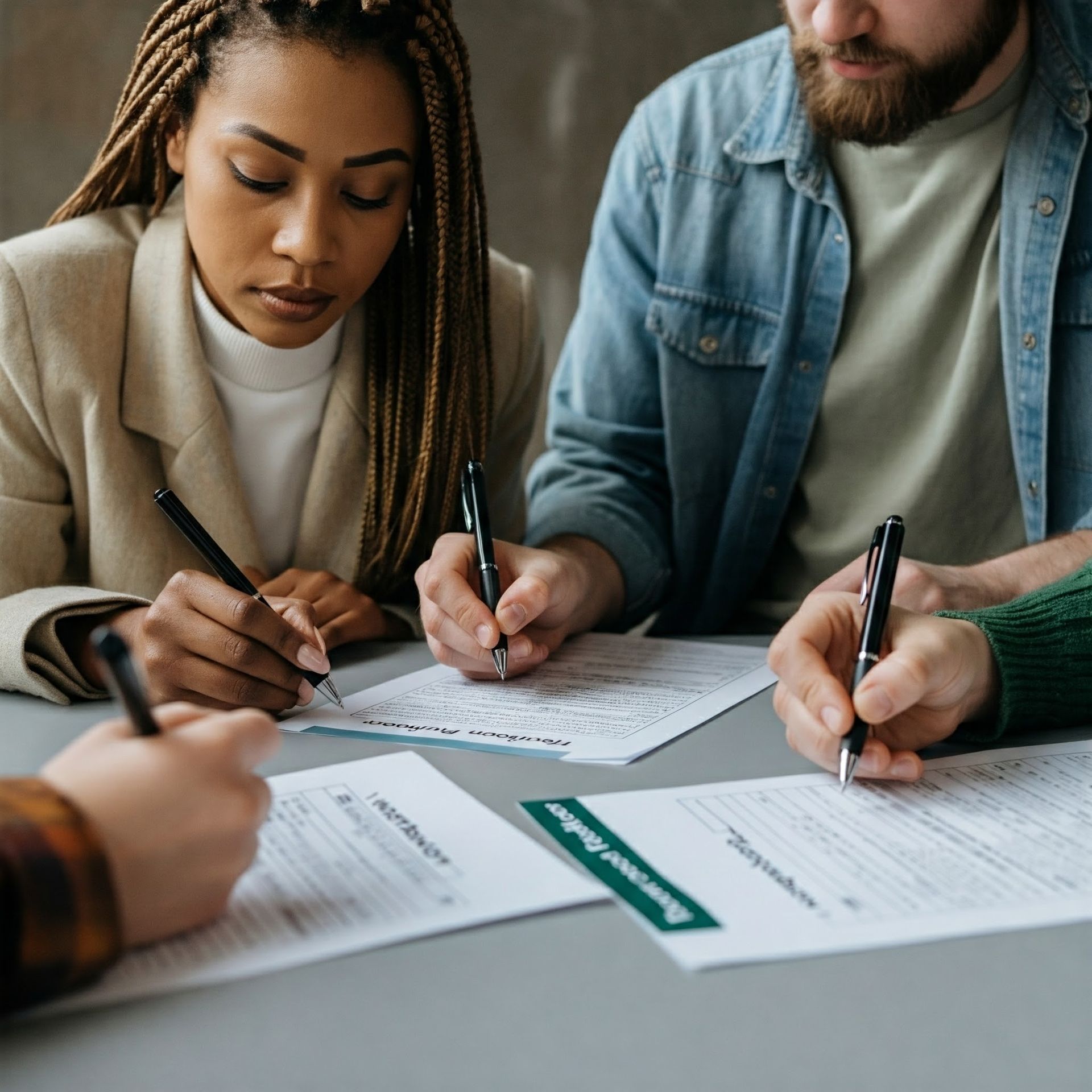 A group of people are sitting at a table writing on papers.