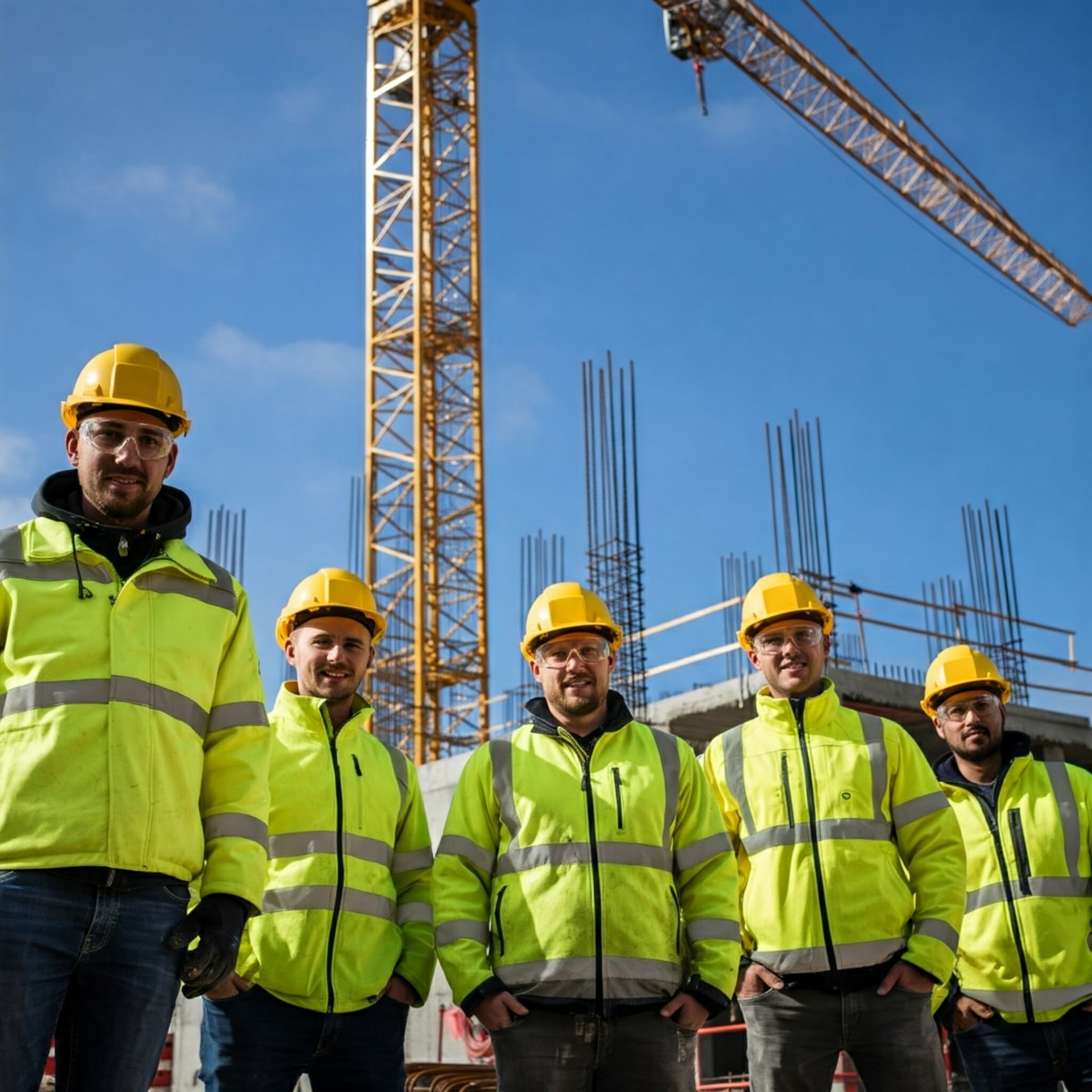 A group of construction workers standing in front of a crane