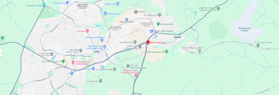 A map of Corby with a pinpoint location of the Corby Office.