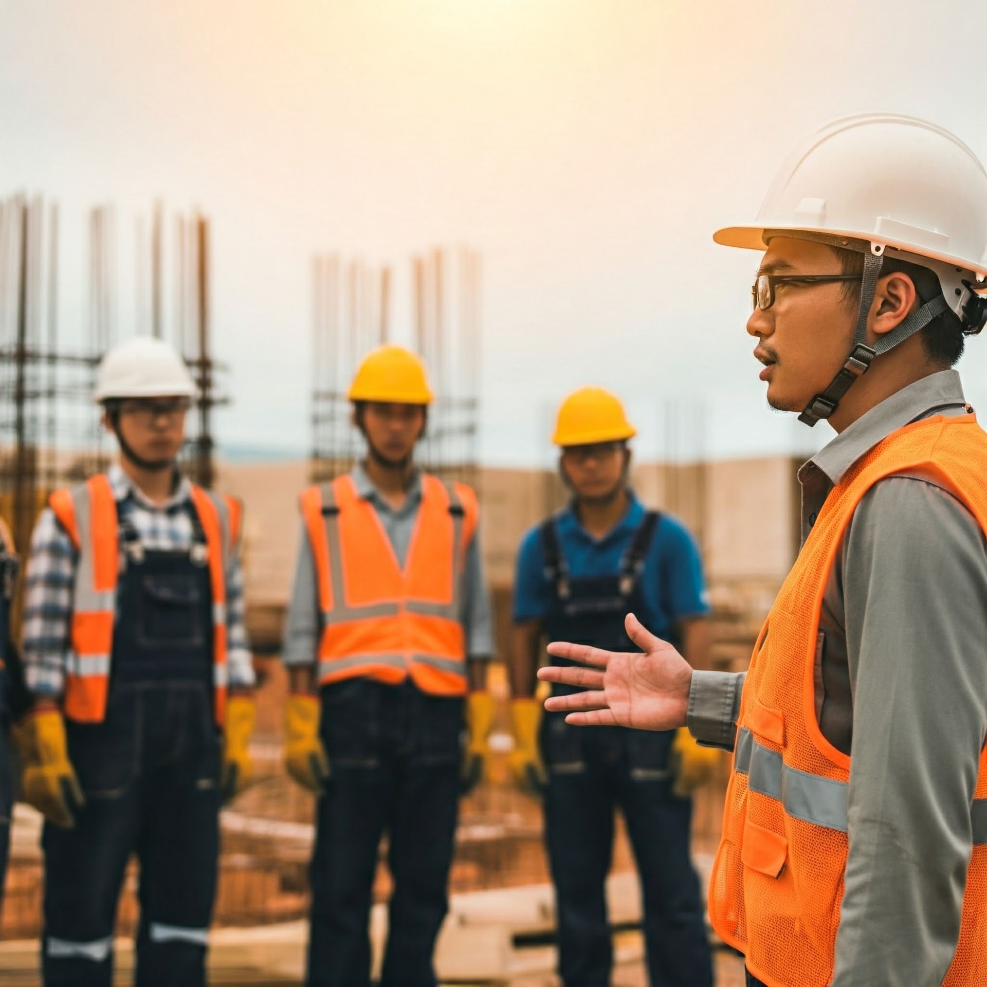 A man in a hard hat is talking to a group of construction workers on a construction site.