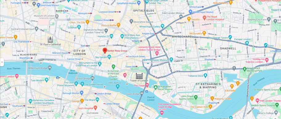 A map of London with a pinpoint location of the London Office.