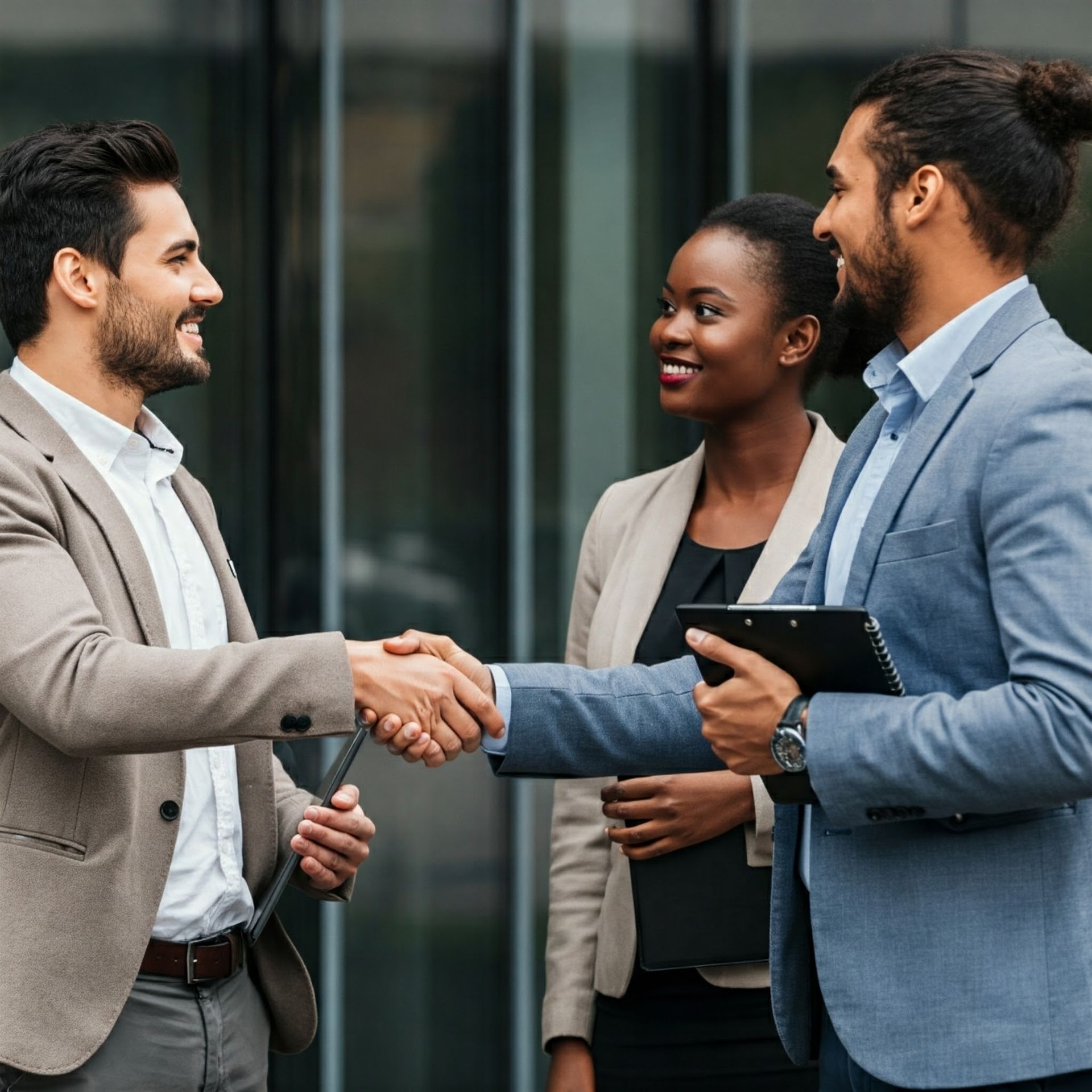 Two men and a woman are shaking hands in front of a building.