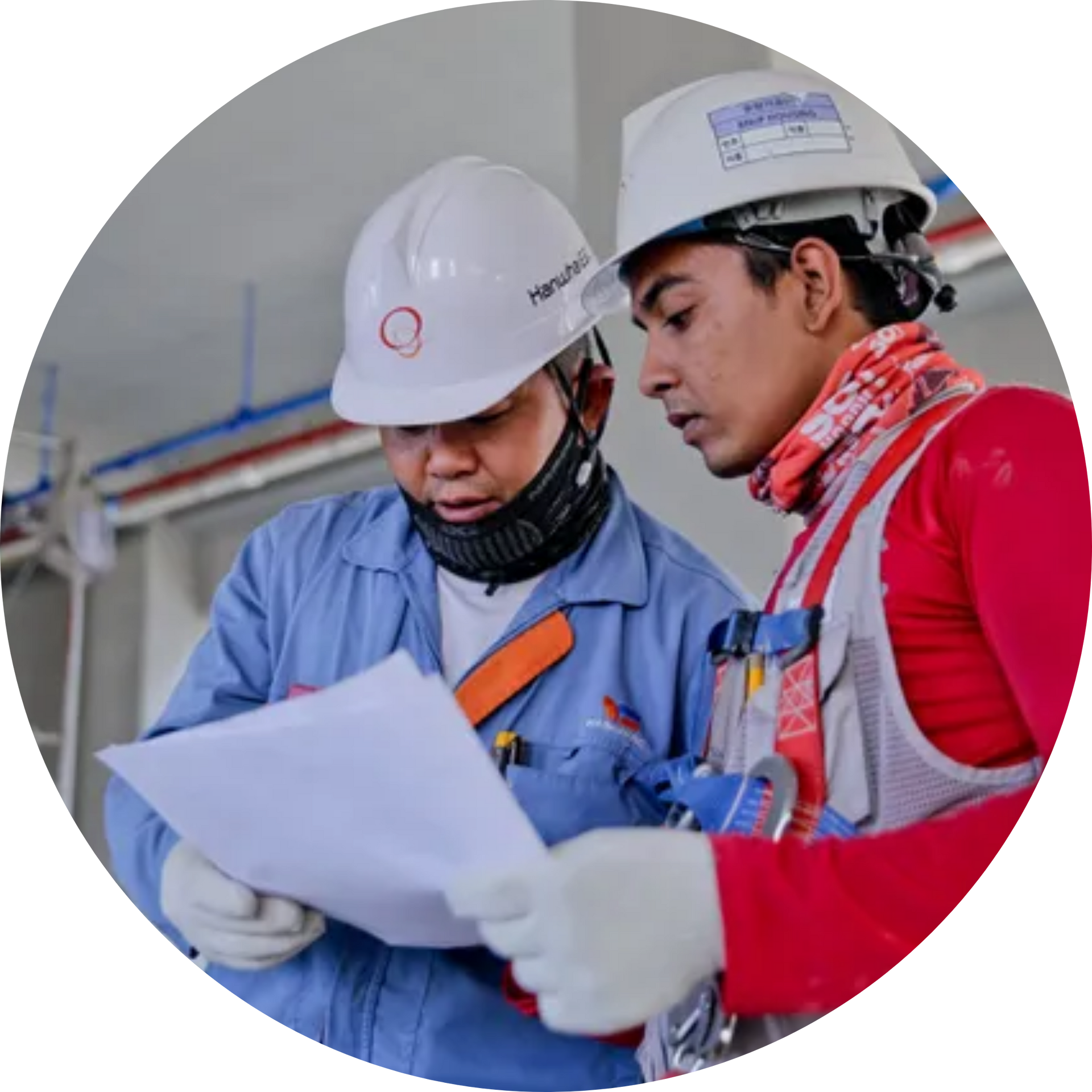 Two construction workers are looking at a blueprint at a construction site.