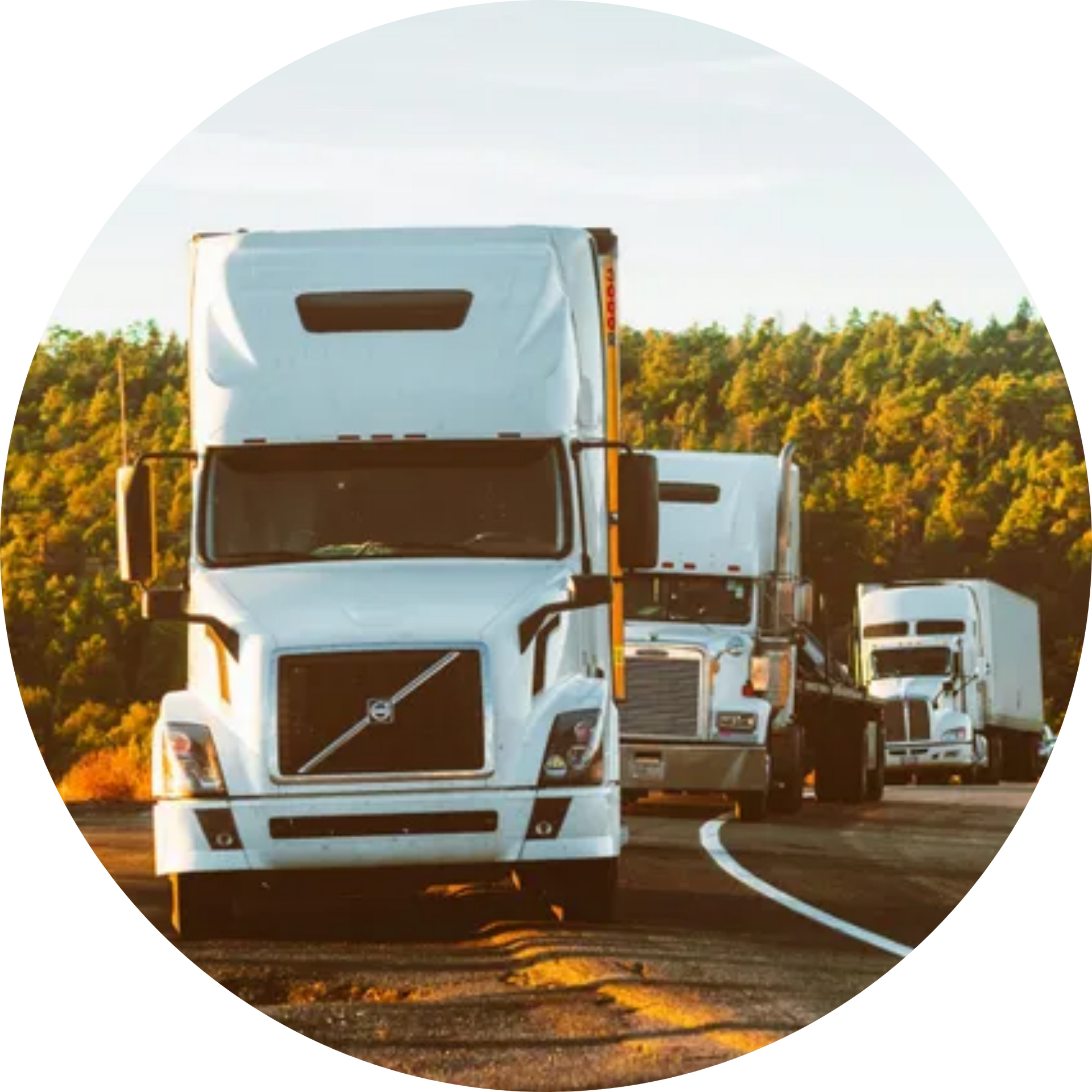 A row of semi trucks are driving down a road.