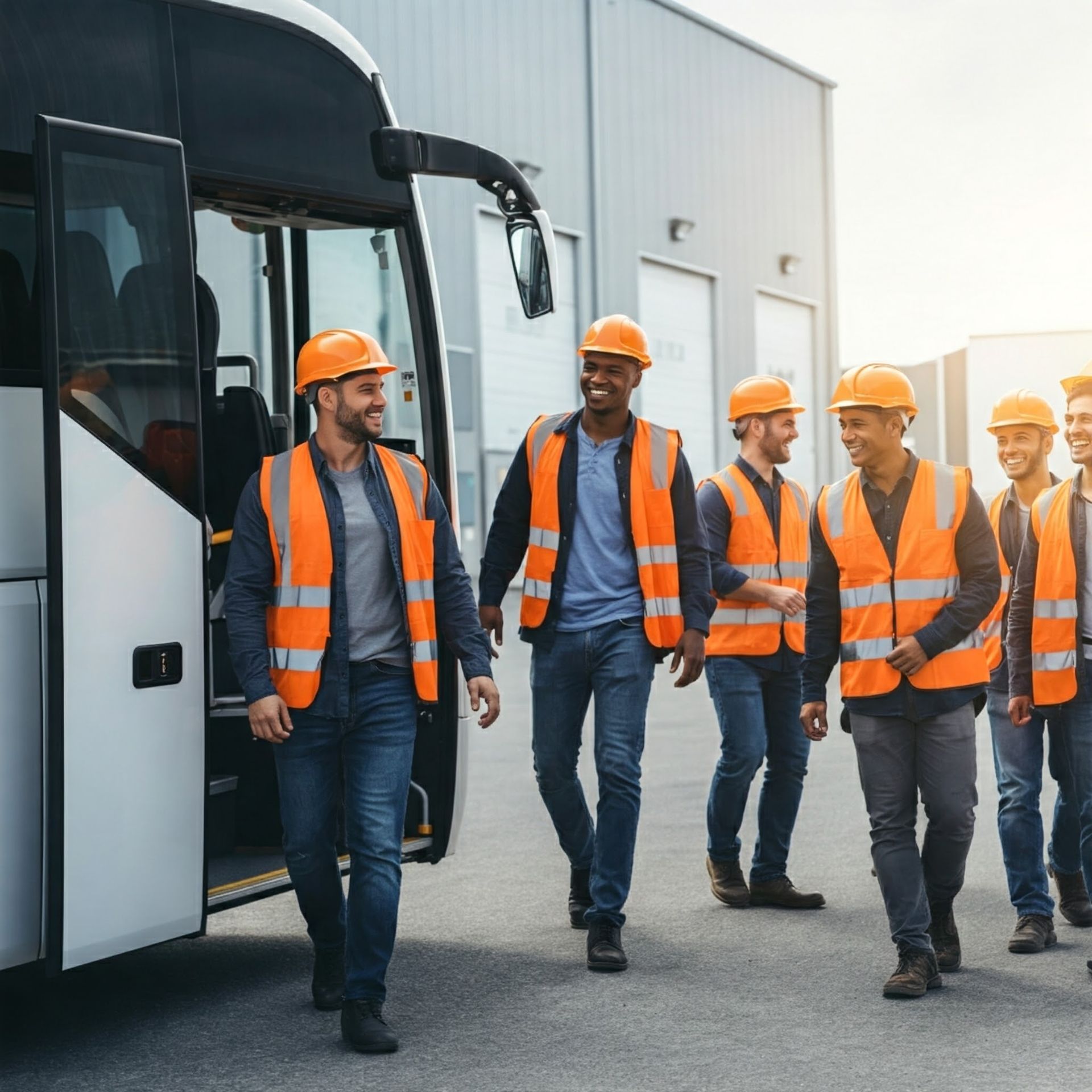 A group of construction workers are walking away from a bus.