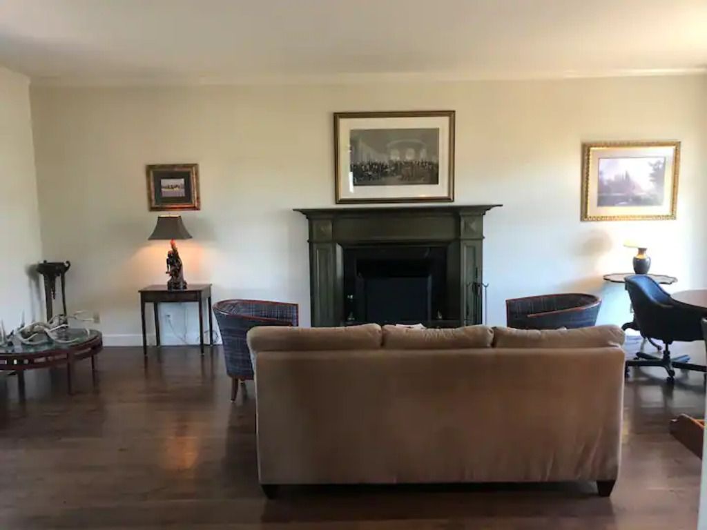 couch near fireplace