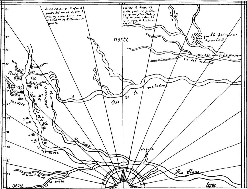 Map by Spanish cartographer, Enrico Martinez. A black and white map with a compass pointing to the north