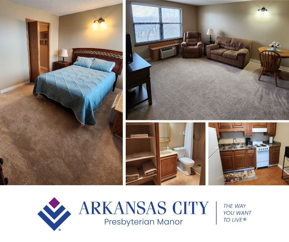 A collage of photos of a bedroom living room and kitchen for arkansas city presbyterian manor