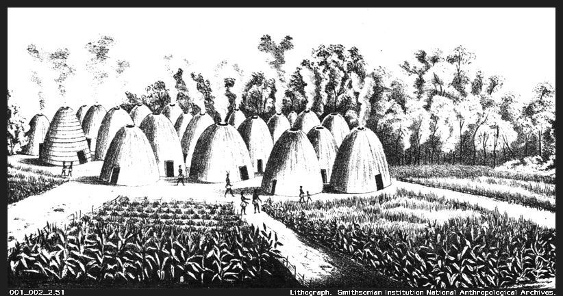 A black and white drawing of a group of huts in a field.