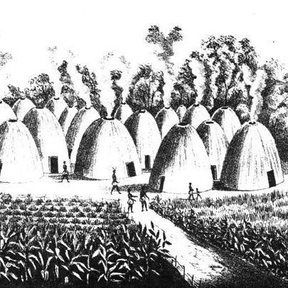 A black and white drawing of a group of huts in a field.