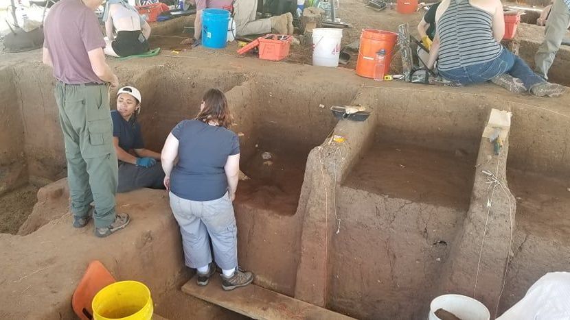 A group of people are working on an archaeological site.