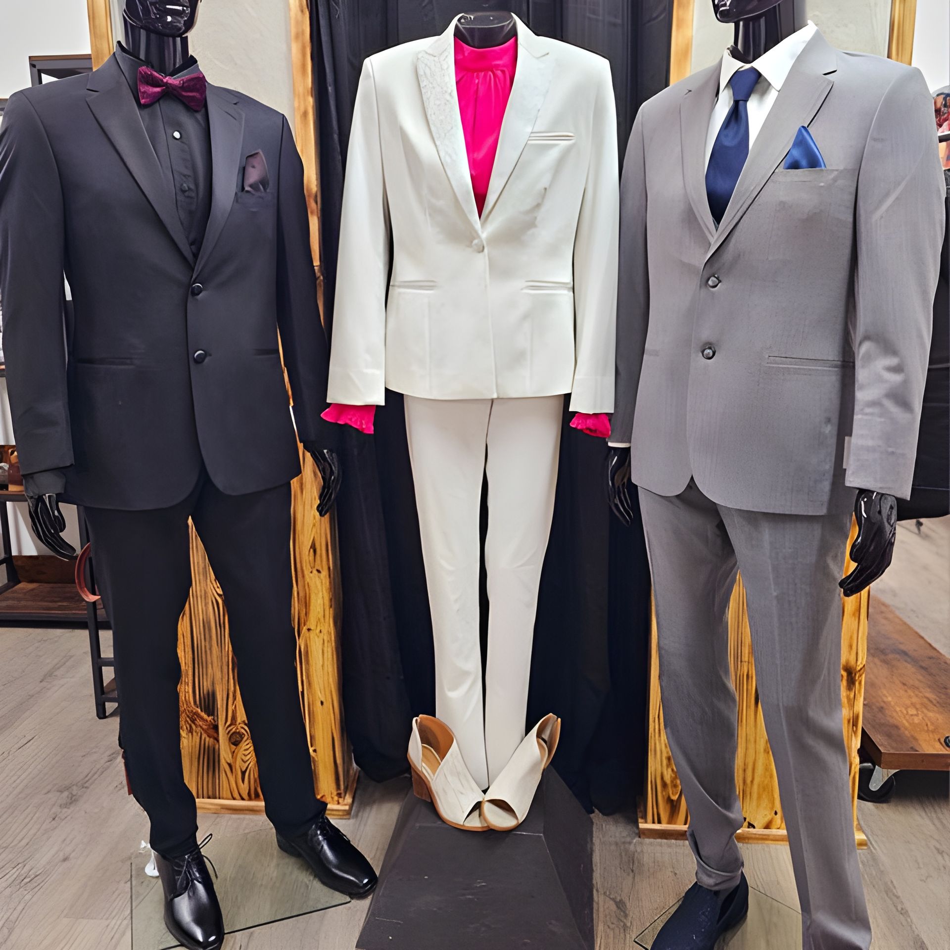 Three mannequins wearing suits are standing next to each other