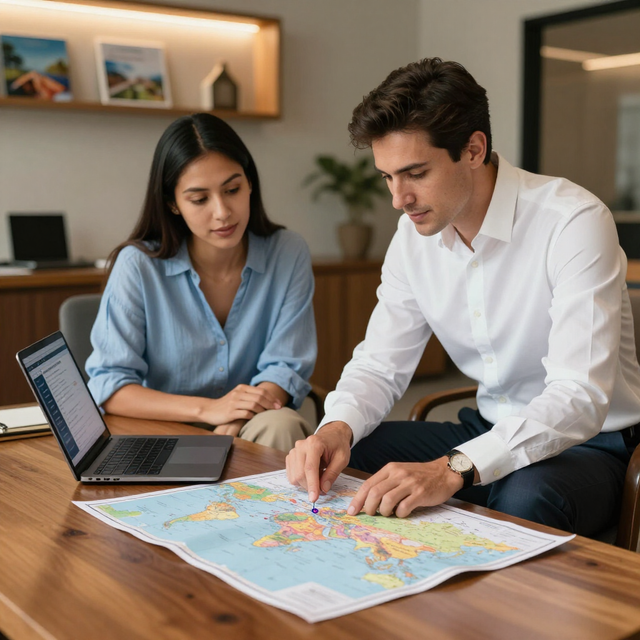 Dos compañeros de trabajo planificando un viaje sobre un mapa junto a un ordenador portátil en una oficina moderna.