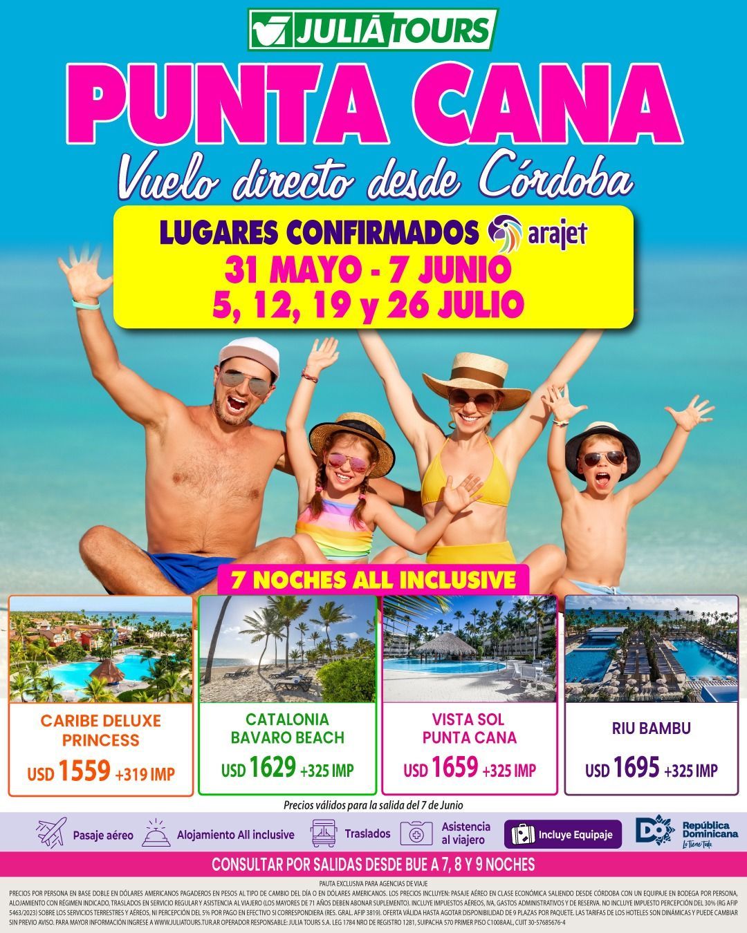 Folleto promocional de playa para paquetes vacacionales en Punta Cana con fechas, opciones de resort y gente feliz en el mar.