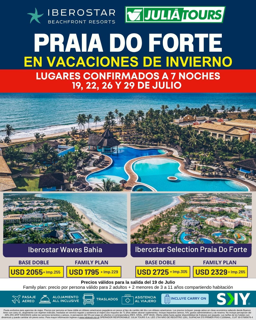 Anuncio de vacaciones para paquetes de invierno en Praia do Forte, con información sobre el complejo de playa, la piscina y las fechas del viaje.