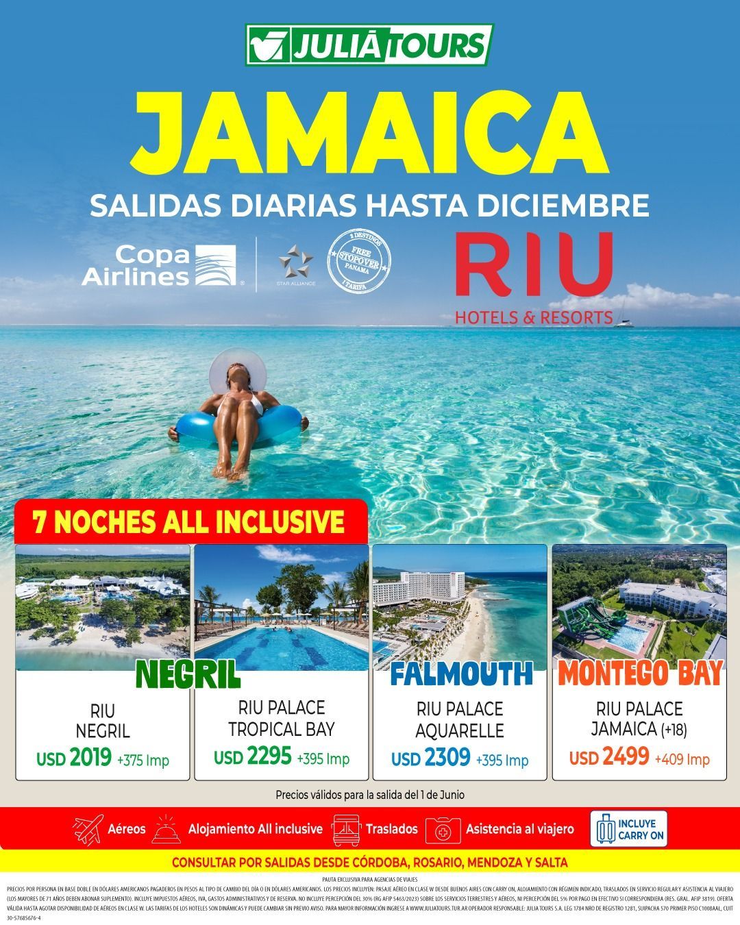 Anuncio de viaje todo incluido a Jamaica con resort de playa, mar turquesa y tres opciones de destino: Negril, Falmouth y Montego Bay.
