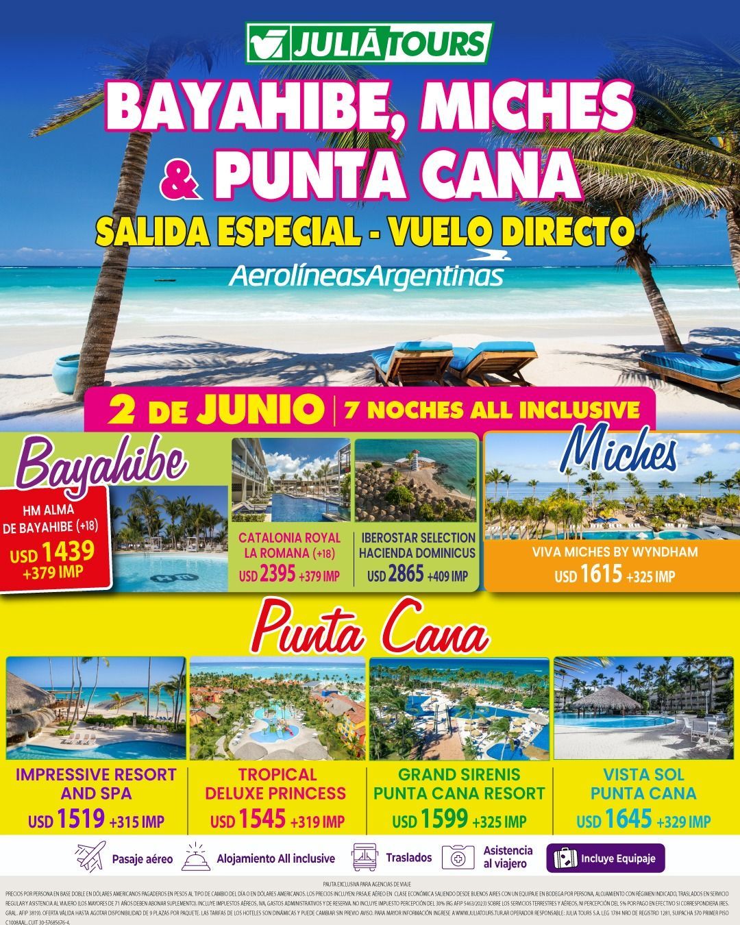 Anuncio turístico de Bayahibe, Miches y Punta Cana con playas, resorts y precios en un llamativo folleto tropical.