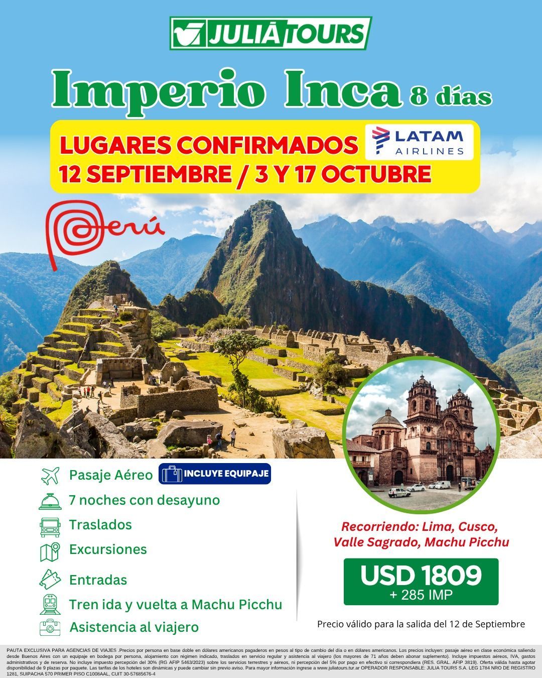 Cartel promocional del viaje al Imperio Inca en Perú, con Machu Picchu, 4 días, fechas y precio USD 1809.