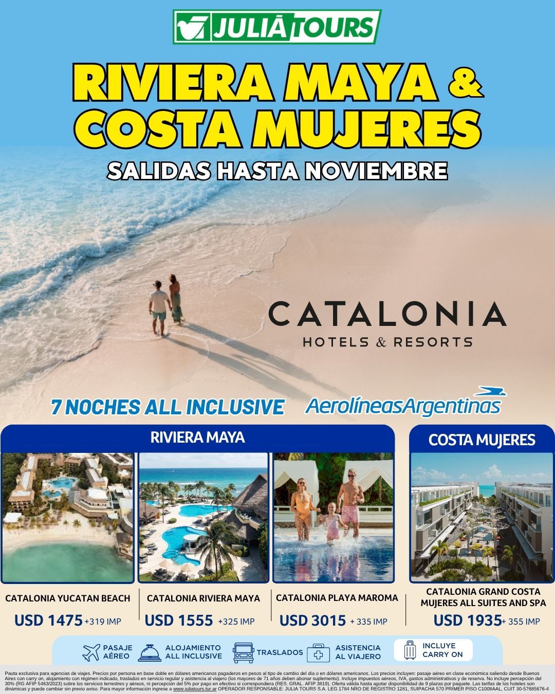 Anuncio turístico para Riviera Maya y Costa Mujeres: paquetes vacacionales en resorts de playa con precios y fechas.