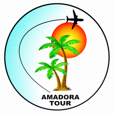 Logotipo del Amadora Tour con palmeras, sol naranja y avión sobre un círculo blanco.