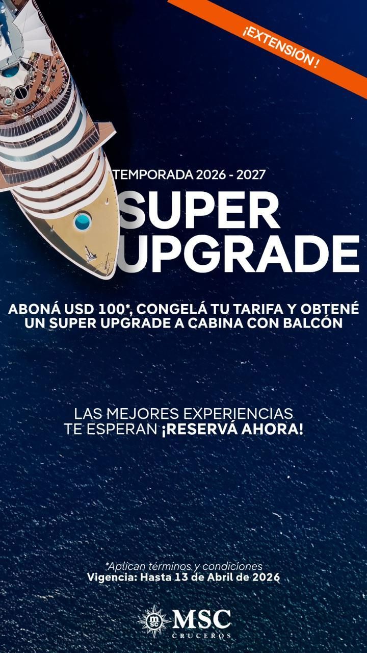 Cartel promocional azul para el USMCA 2026-2027 “SUPER UPGRADE”, con cinta naranja diagonal y texto blanco.