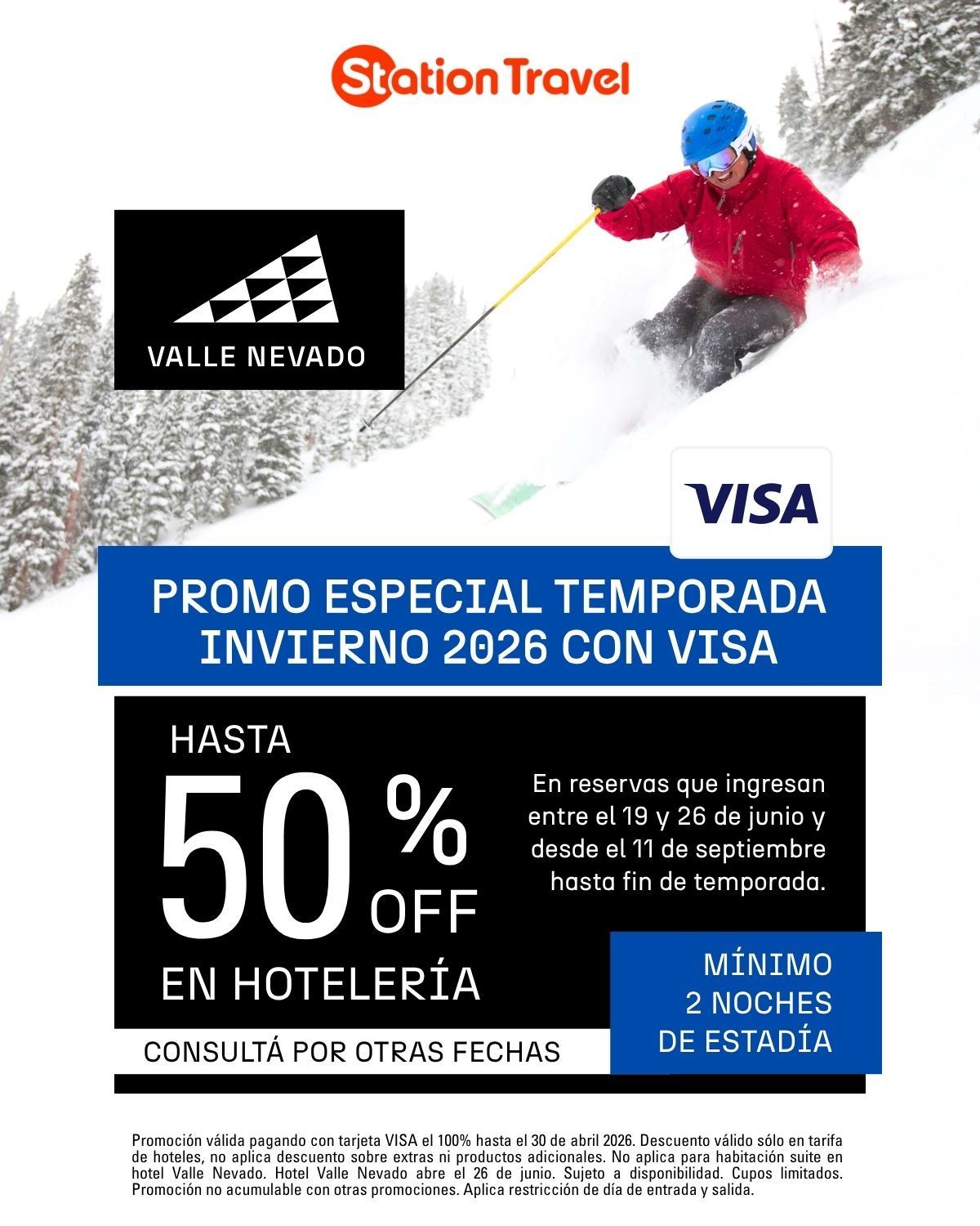 Anuncio promocional de esquí para Valle Nevado: 50% de descuento en alojamiento, oferta especial de Visa para el invierno de 2026.