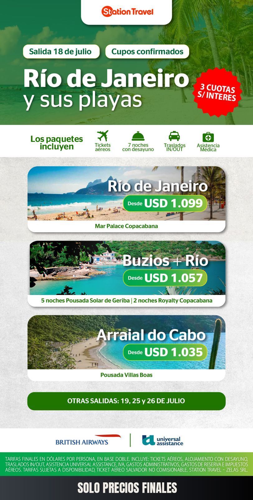 Anuncio turístico de las playas de Río de Janeiro con tres paquetes turísticos y precios sobre un fondo tropical verde.