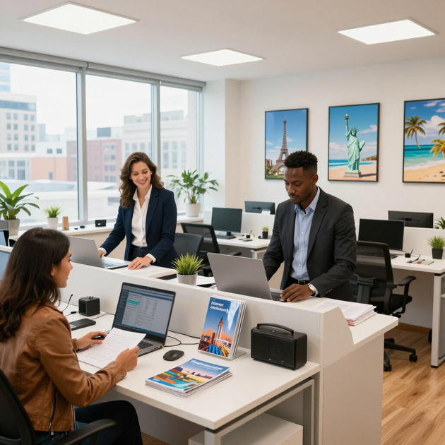 Reunión de oficina alrededor de los escritorios, con tres compañeros de trabajo revisando las pantallas de sus portátiles en un espacio de trabajo abierto y luminoso.