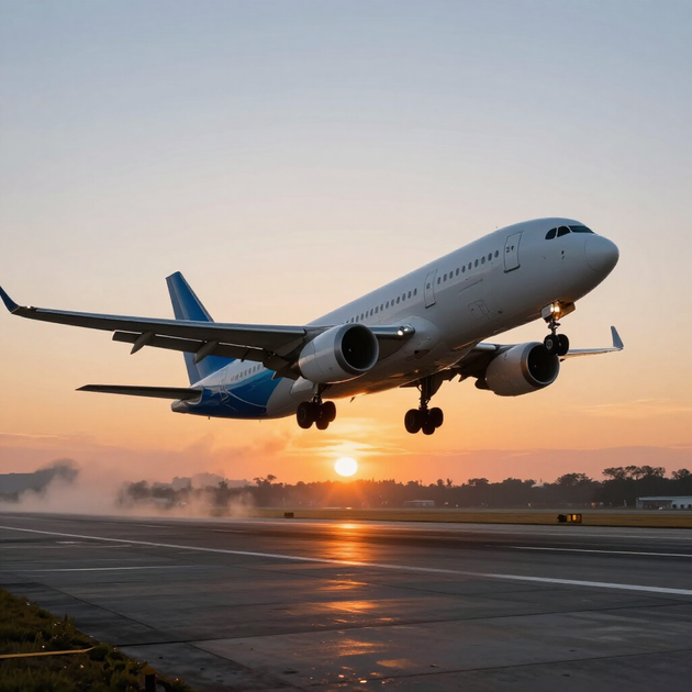 Avión de pasajeros despegando al amanecer, con las alas extendidas sobre una pista y la luz naranja reflejándose en el pavimento.