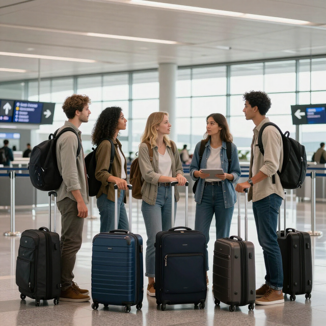 Cuatro viajeros con equipaje conversando en la zona de facturación de una terminal del aeropuerto.