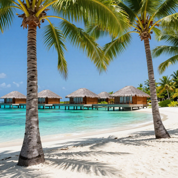 Playa tropical con arena blanca, agua turquesa, palmeras y cabañas sobre el agua bajo un cielo azul.