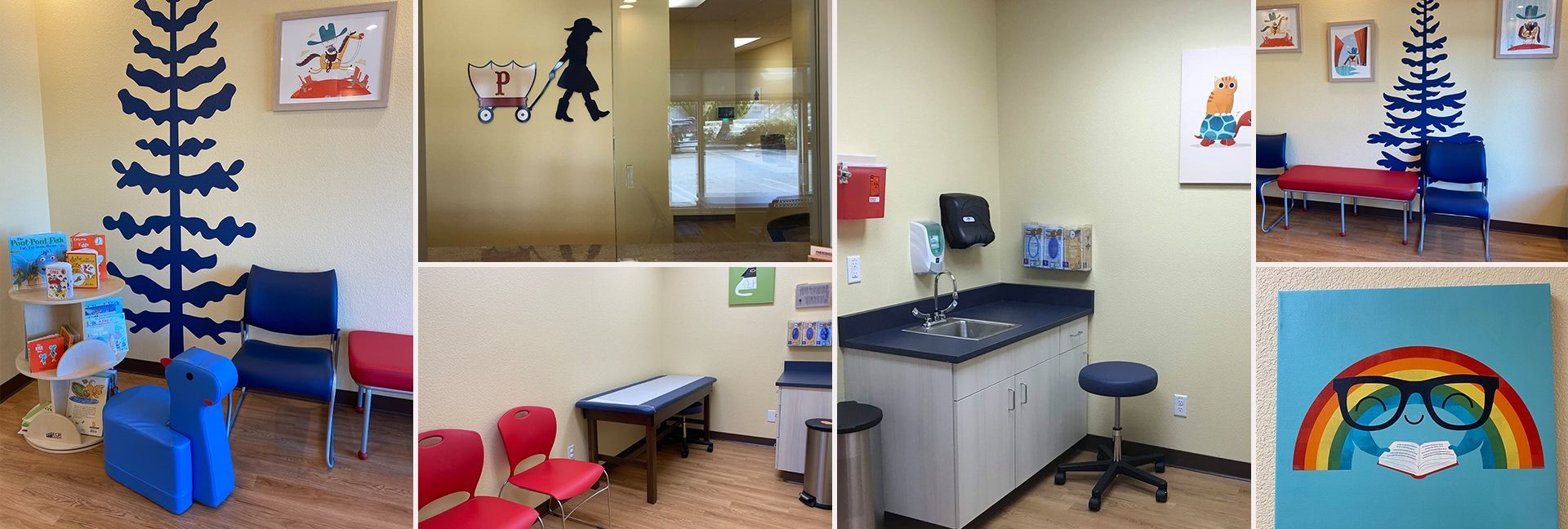 A waiting room with colorful artwork, chairs, and a check-in desk, inside what appears to be a pediatric clinic.