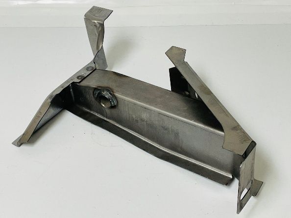 Metal car body bracket with multiple angled sections and a welded bolt.