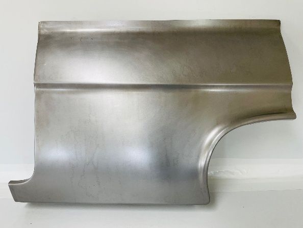 Metal car body panel, gray, shaped for rear section, with a curved bottom edge and horizontal line detail.