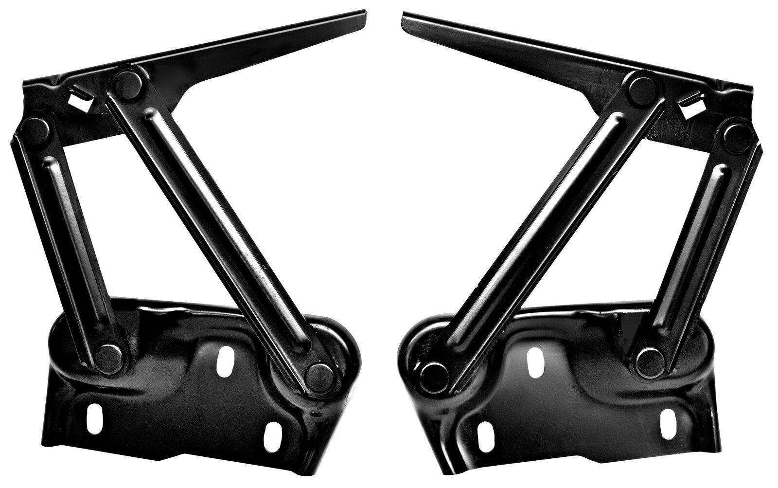 A pair of black hood hinges on a white background.