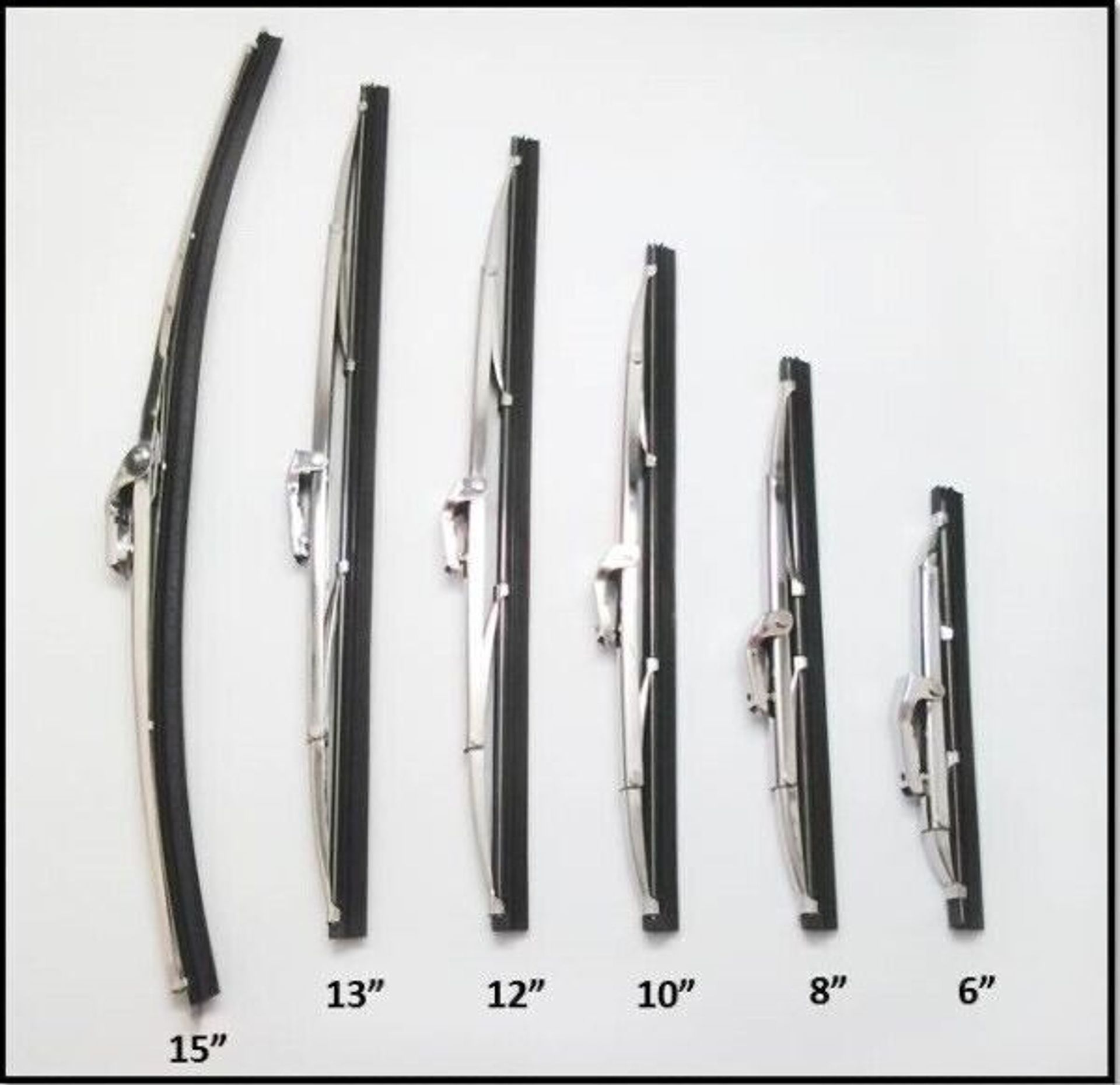 A row of wiper blades of different sizes