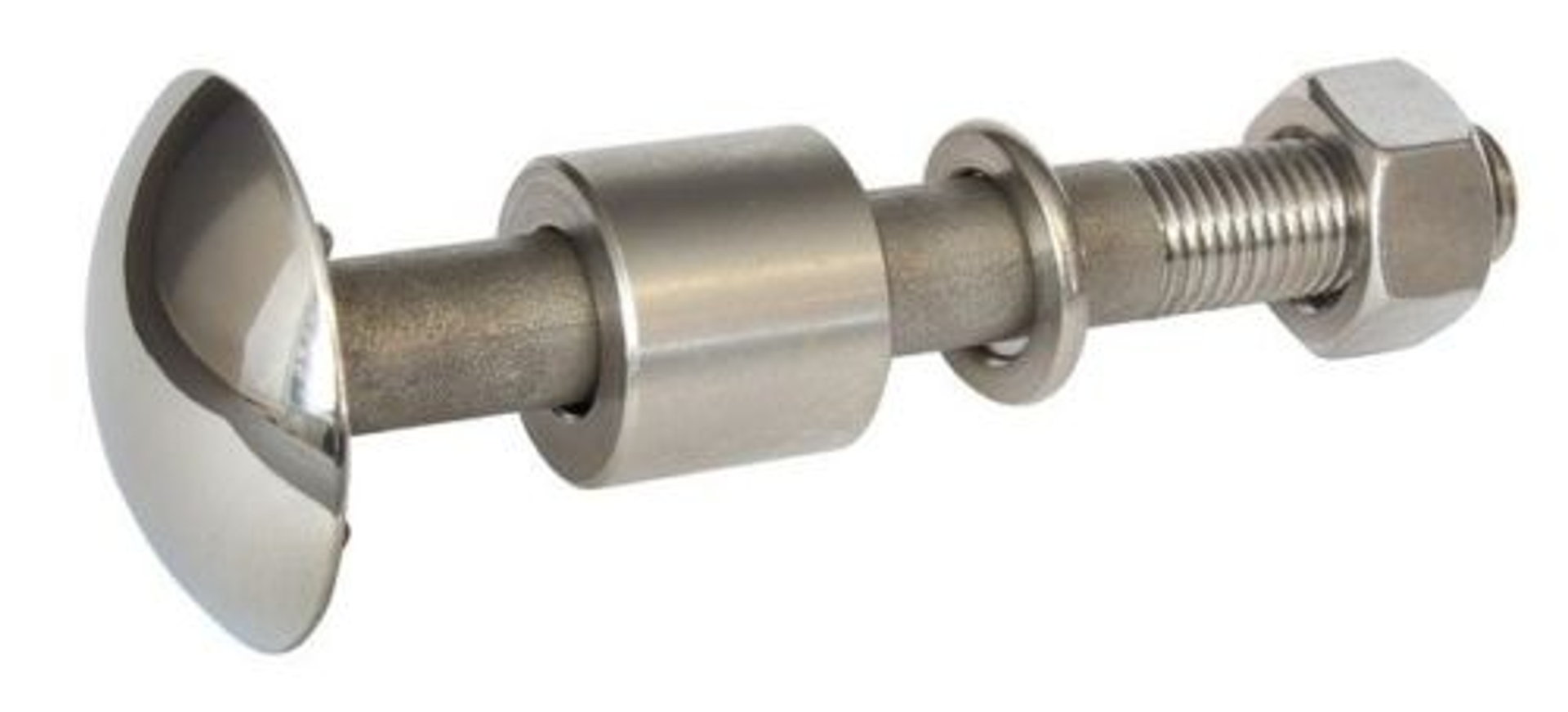 A close up of a stainless steel bolt and nut on a white background.