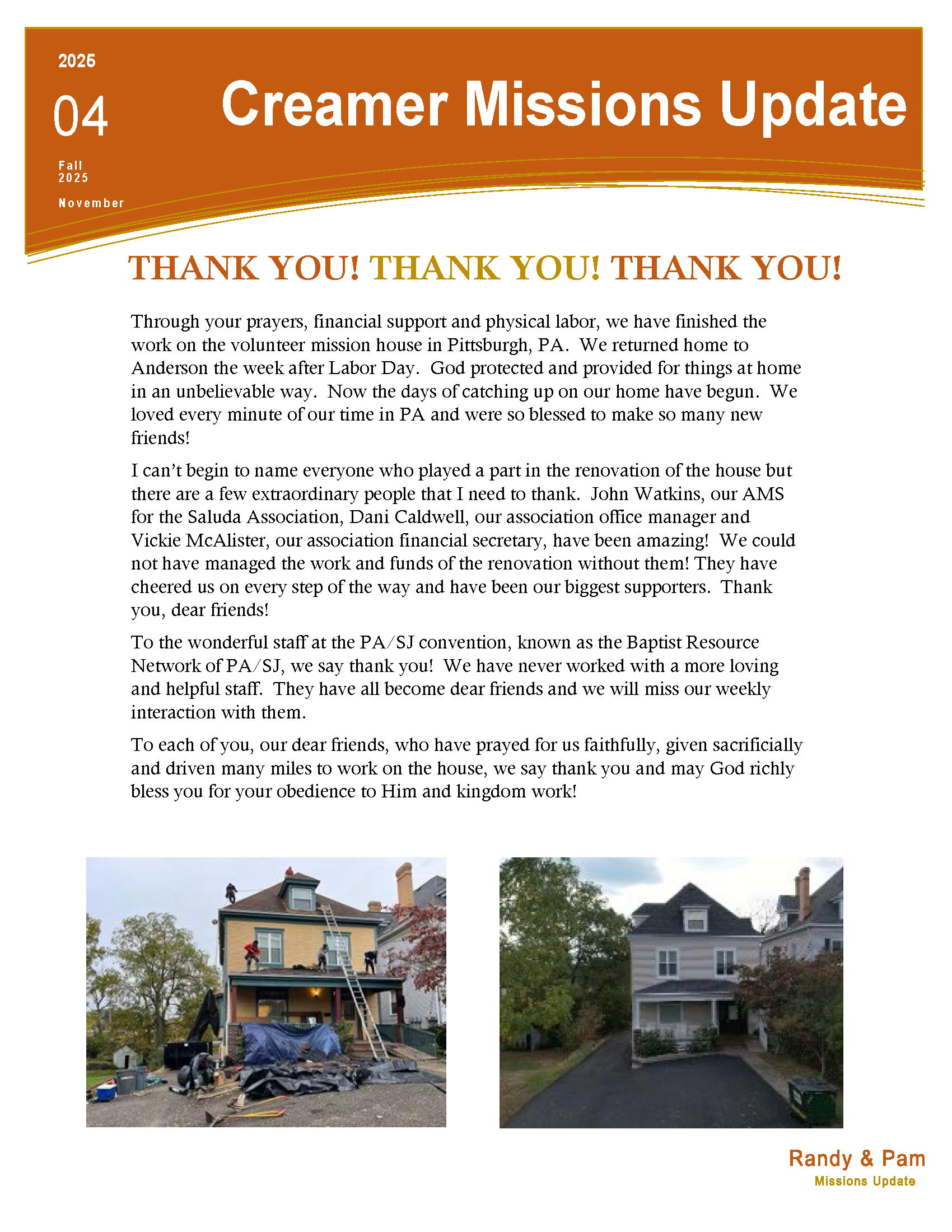 Newsletter highlighting Creamer Missions. Several photos show people working on various home improvement tasks like painting, carpentry, and flooring.